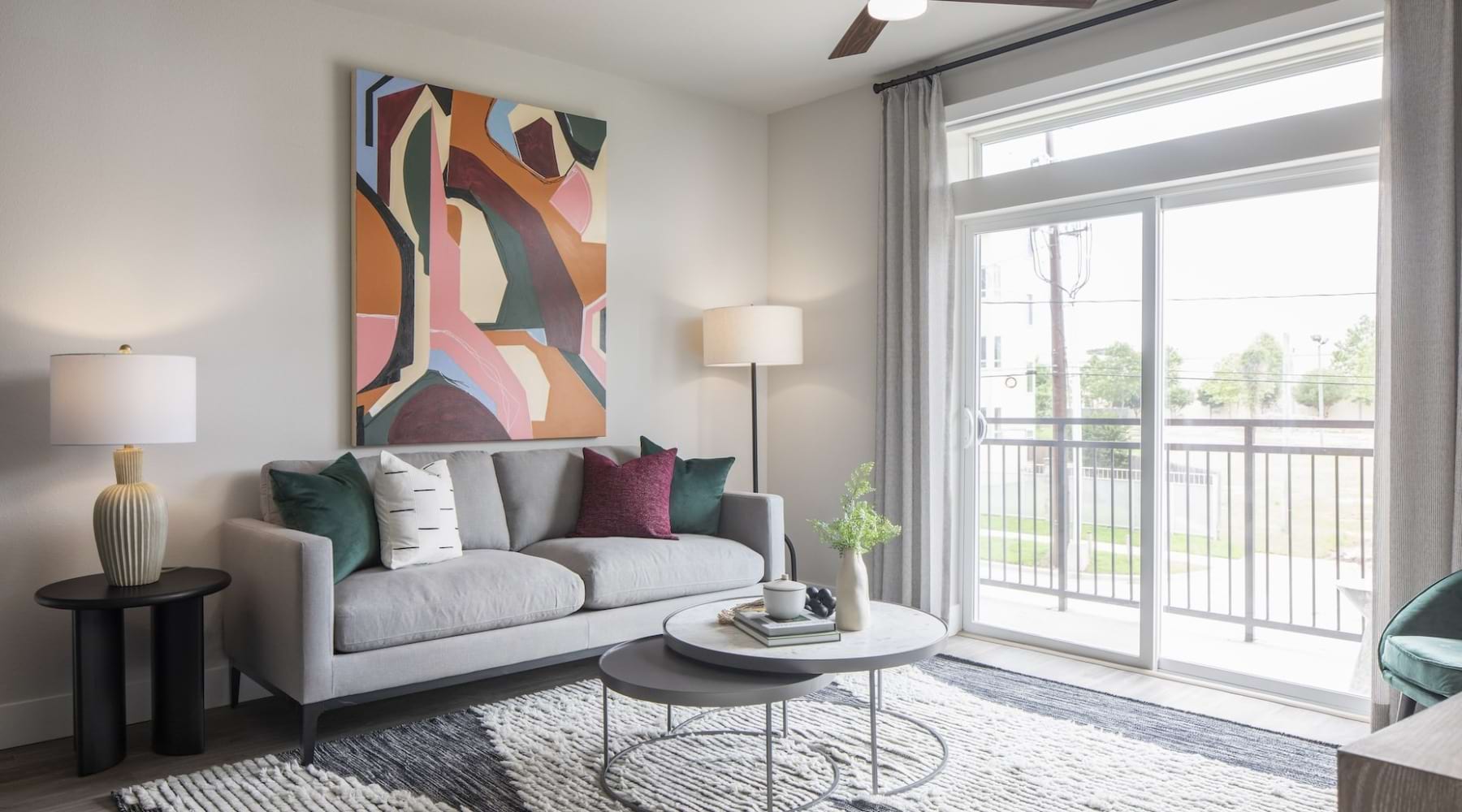 Experience East End Living living room with eado skyline in the background